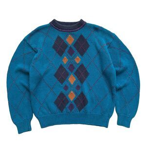 Vintage 80s Sears Argyle Heavy Knit Crewneck Sweater Sz XL Teal Purple Orange